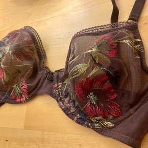 Unlined, embroidered floral mesh, underwire bra.